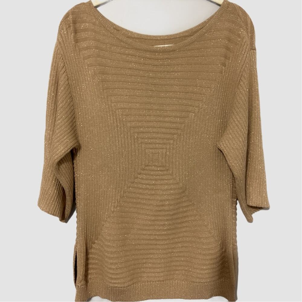 Dana Buchman Gold Shimmer Patterned Sweater Top Elbow Length Sleeve Size Small
